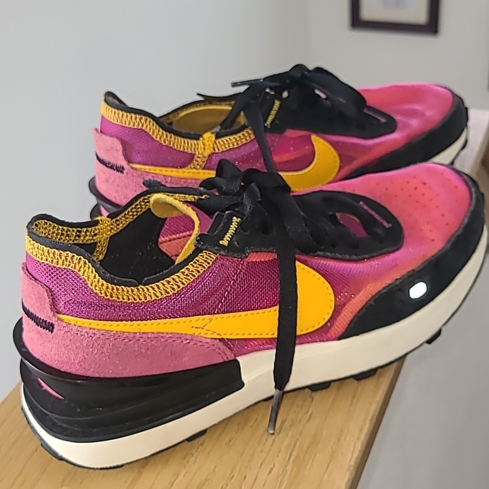 Nike Women's Waffle 1 Vibrant Pink and Black Sneakers with Yellow Swoosh - Picture 2 of 8